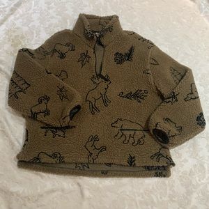 Woolrich 1/4 Zip Pullover Fleece Sherpa Pile Women’s Size M USA Animal AOP Crop